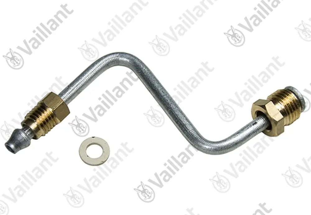 Vaillant Zündgasrohr mit gebogenem Metallrohr und Messinganschlüssen. Es liegt eine Dichtung bei.